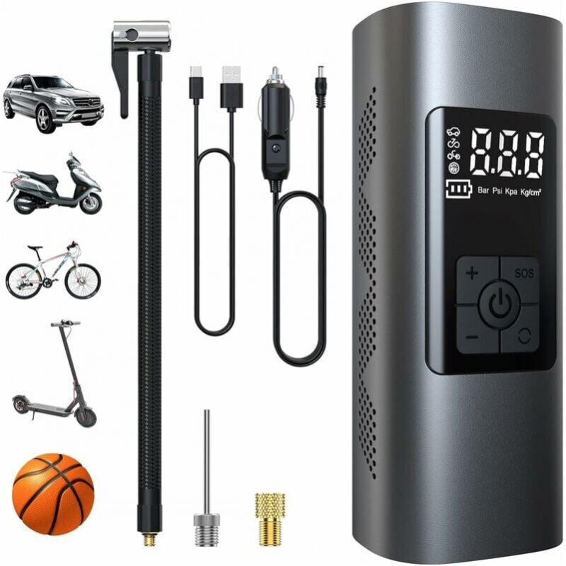 foto del prodotto cyslmuk mini pompa elettrica da 6000 mah, compressore d aria portatile, gonfiatore per pneumatici senza fili, 150 psi con display lcd digitale e