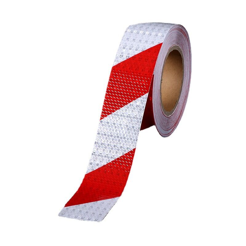 foto del prodotto cyslmuk nastro di avvertimento rosso e bianco da 5 cm x 25 m, nastro riflettente autoadesivo, avviso di traffico, adesivo riflettente notturno,