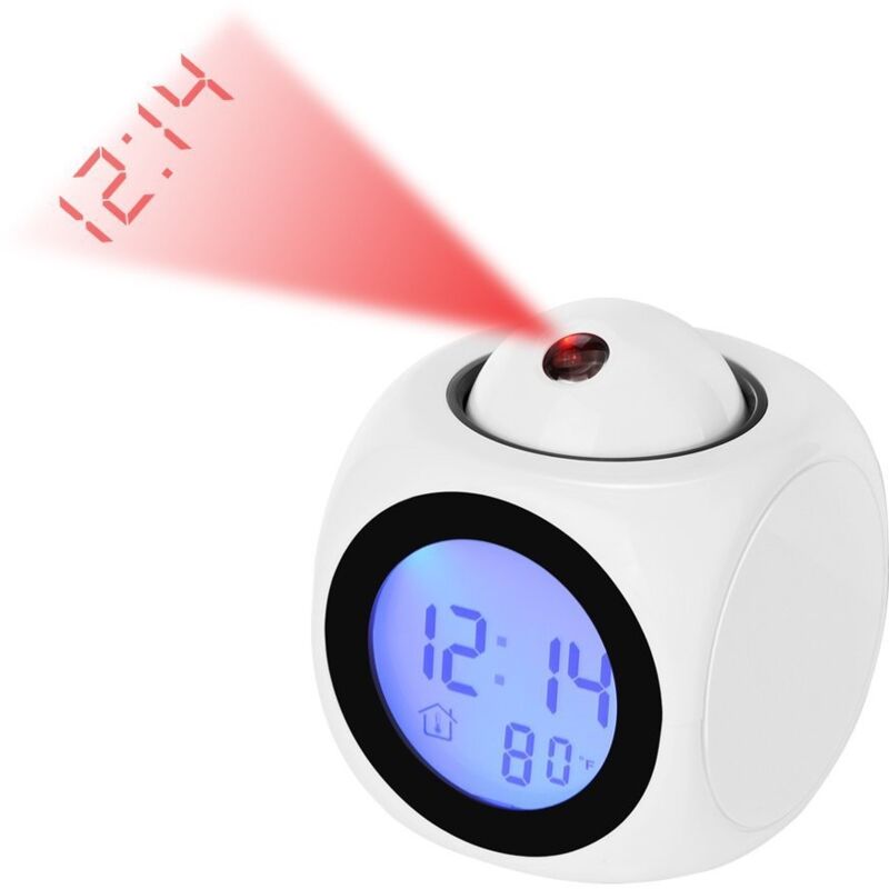 foto del prodotto cyslmuk orologio digitale con proiezione bianca, sveglia led silenziosa, sveglia con proiezione a soffitto, controllo vocale 12 24 ore,