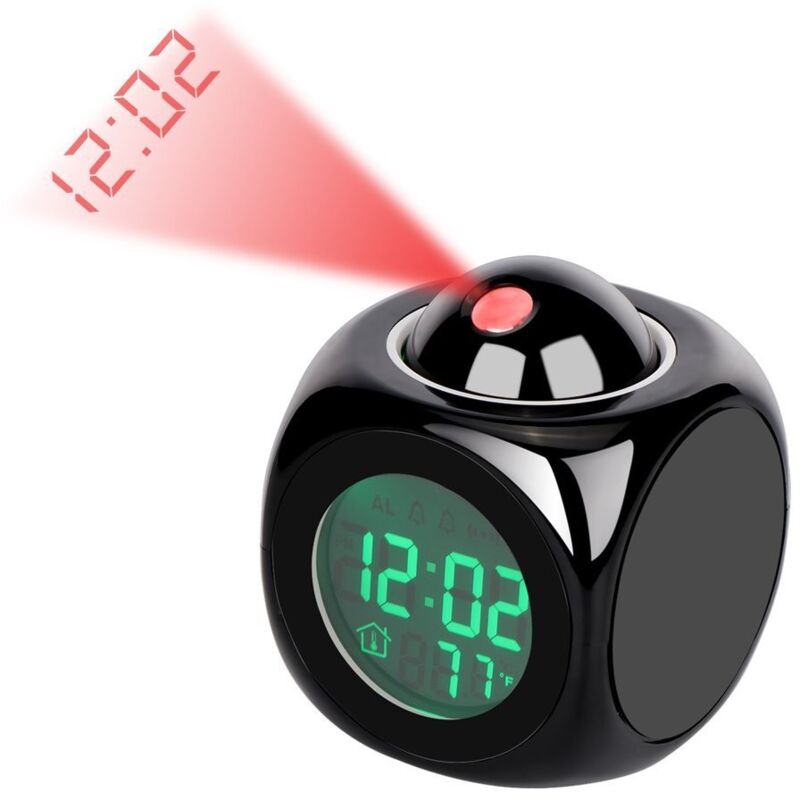 foto del prodotto cyslmuk orologio digitale con proiezione nera, sveglia led silenziosa, sveglia con proiezione a soffitto, controllo vocale 12 24 ore,