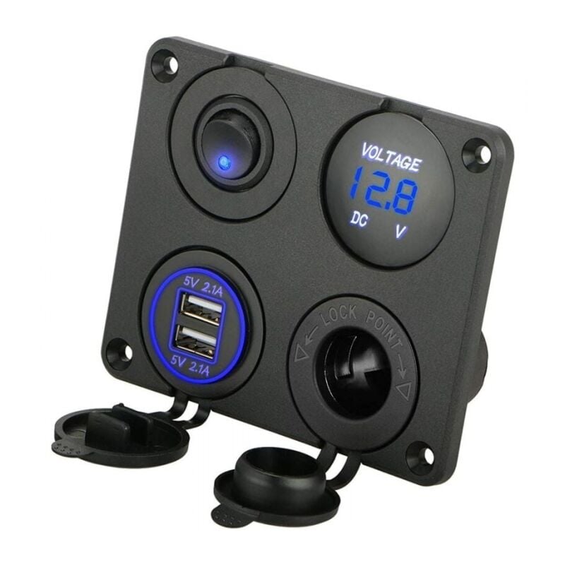 foto del prodotto cyslmuk pannello prese di carica 4 in 1, presa di carica usb doppia da 12 v 4,2 a e voltmetro a led blu