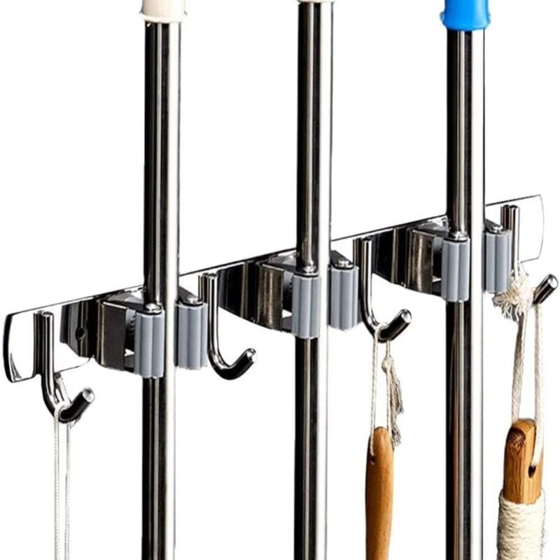 foto del prodotto cyslmuk porta scopa a parete porta scopa in acciaio inox, cucina, garage, portaoggetti per lavanderia 3 slot e 4 ganci 