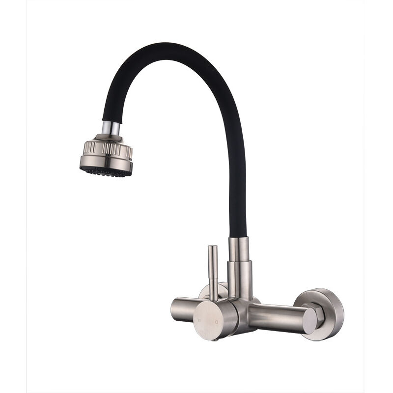 foto del prodotto cyslmuk rubinetto da cucina a parete a 360 con spruzzatore a quattro funzioni, con tubo flessibile in silicone nero, acciaio inossidabile