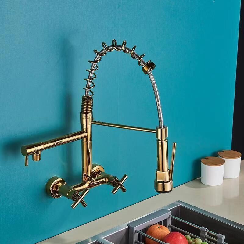 foto del prodotto cyslmuk rubinetto da cucina a parete con beccuccio estraibile, rubinetto per lavello girevole a 360 con 3 modalit di spruzzo, oro ymyny