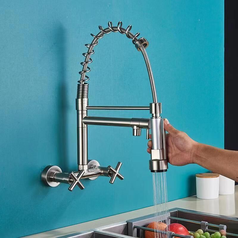 foto del prodotto cyslmuk rubinetto da cucina a parete con beccuccio estraibile, rubinetto per lavello girevole a 360 con 3 modalit di spruzzo, spazzolato