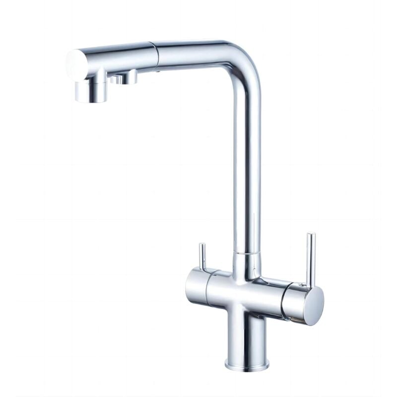 foto del prodotto cyslmuk rubinetto da cucina a tre vie con doccetta estraibile, rubinetto da cucina girevole a 360 , rubinetto con uscita acqua filtrata cromo 