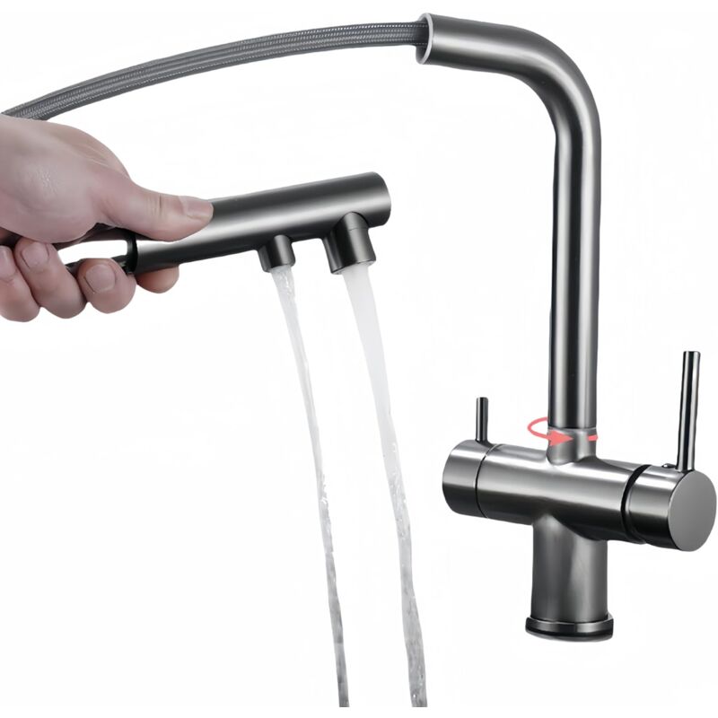 foto del prodotto cyslmuk rubinetto da cucina a tre vie con doccetta estraibile, rubinetto da cucina girevole a 360 , rubinetto con uscita acqua filtrata grigio 