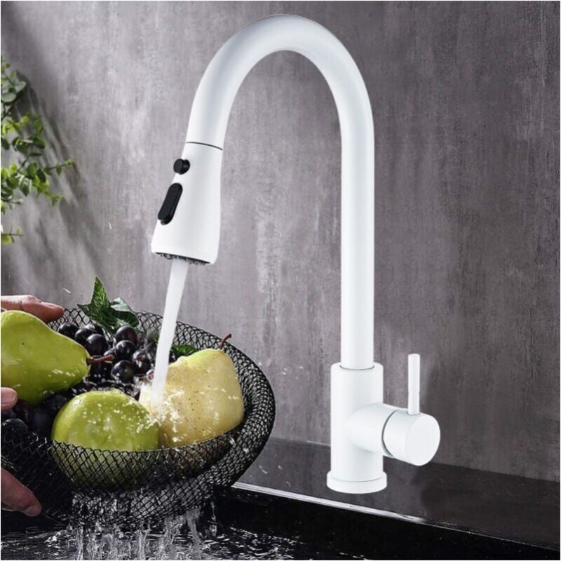foto del prodotto cyslmuk rubinetto da cucina con doccetta estraibile bianca, rubinetto da cucina girevole a 360 con 2 modalit di getto loy