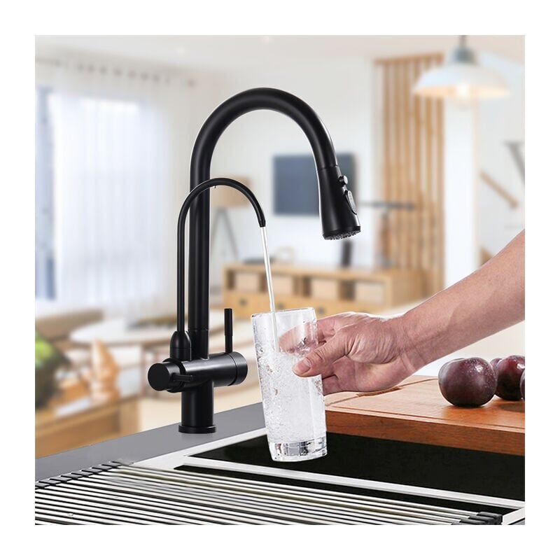 foto del prodotto cyslmuk rubinetto da cucina con doccetta estraibile, rubinetto da cucina in acciaio inox nero, girevole a 360 per acqua potabile calda e fredda