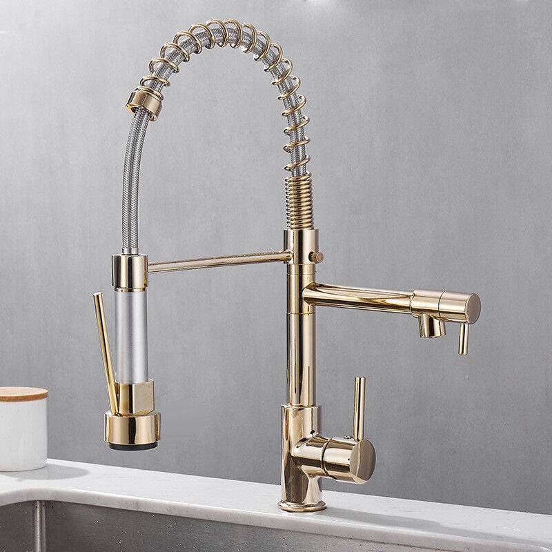 foto del prodotto cyslmuk rubinetto da cucina estraibile, 2 getti, miscelatore monocomando, girevole a 360 , disponibile con acqua calda e fredda, colore oro