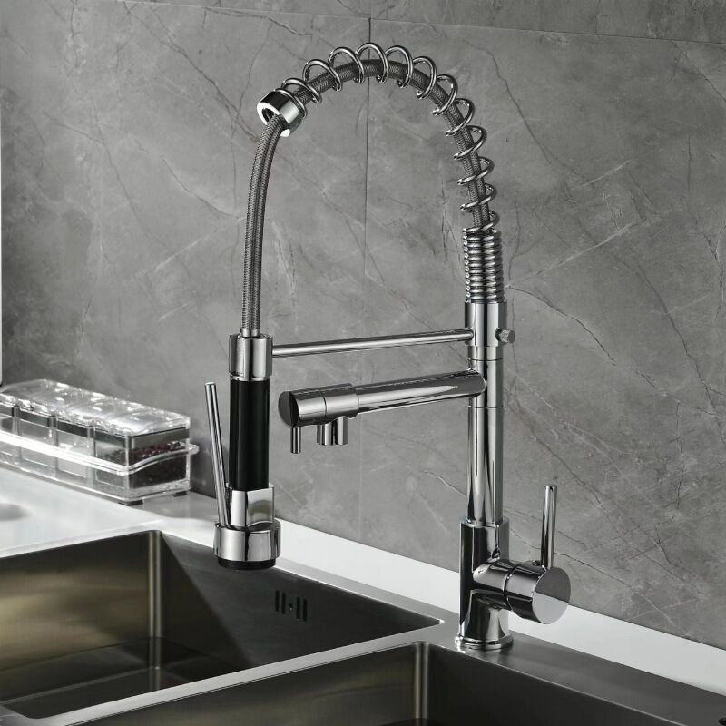 foto del prodotto cyslmuk rubinetto da cucina estraibile a 2 getti, miscelatore da cucina con 2 modalit di getto, disponibile freddo e caldo argento