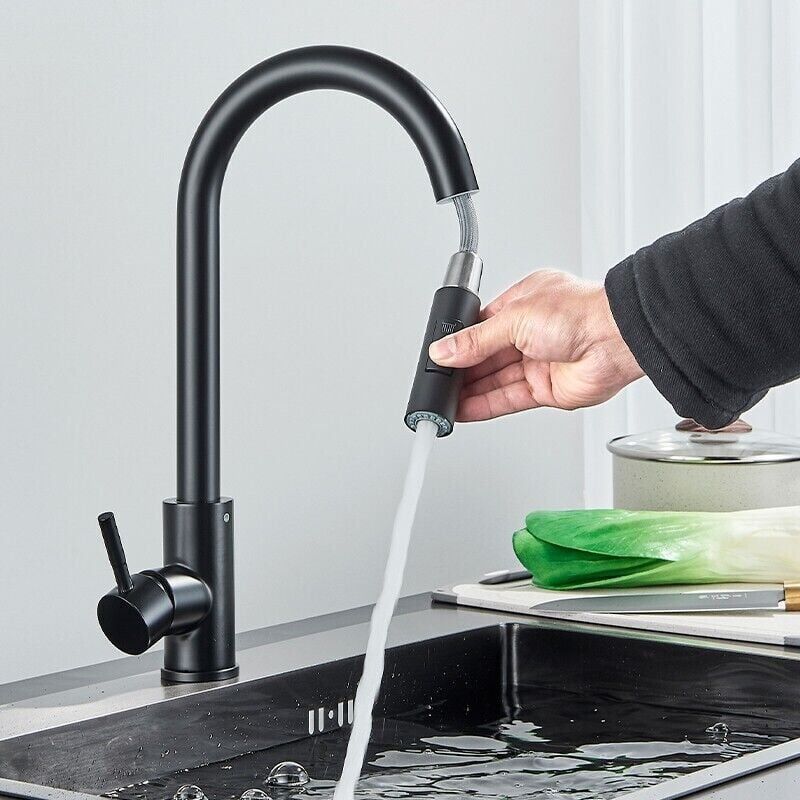 foto del prodotto cyslmuk rubinetto da cucina nero con spruzzatore estraibile, rubinetto a molla girevole a 360 rubinetto da cucina con 2 modalit di spruzzo