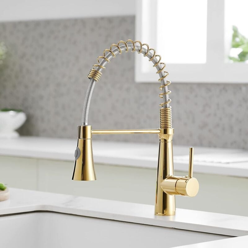 foto del prodotto cyslmuk rubinetto da cucina, rubinetto a molla a spirale, rubinetto da cucina girevole a 360 , rubinetto in ottone, rubinetto dorato con tubo