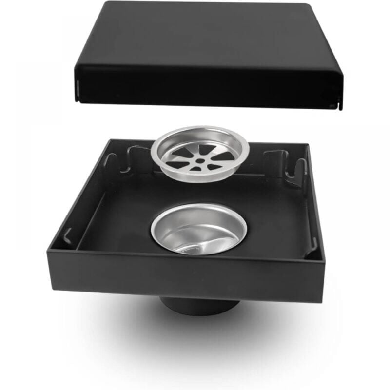 foto del prodotto cyslmuk scarico a pavimento in acciaio inox 10 cm 10 cm, scarico a pavimento quadrato nero, foro di drenaggio da 50 mm, drenaggio interno