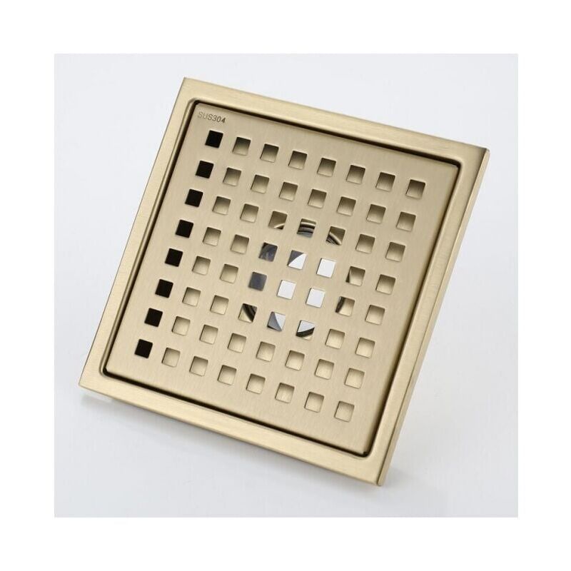 foto del prodotto cyslmuk scarico doccia in oro spazzolato 15x15cm scarico doccia quadrato in acciaio inox dorato scarico a pavimento con coperchio per scarico a
