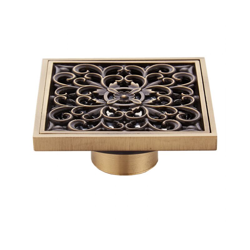 foto del prodotto cyslmuk scarico per pavimento del bagno in ottone da 10 cm scarico per doccia quadrato antico unico con fiore intagliato per wc da giardino