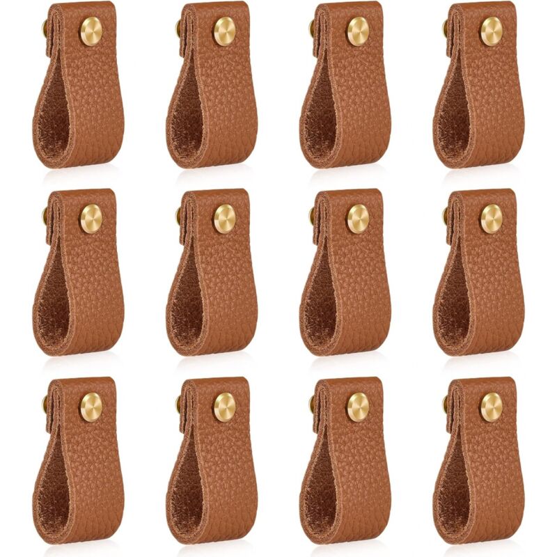 foto del prodotto cyslmuk set di 12 pomelli per mobili in pelle, 153 mm, pomelli antiurto per porte di cassettiere, maniglie per cassetti, ottimo regalo, marrone