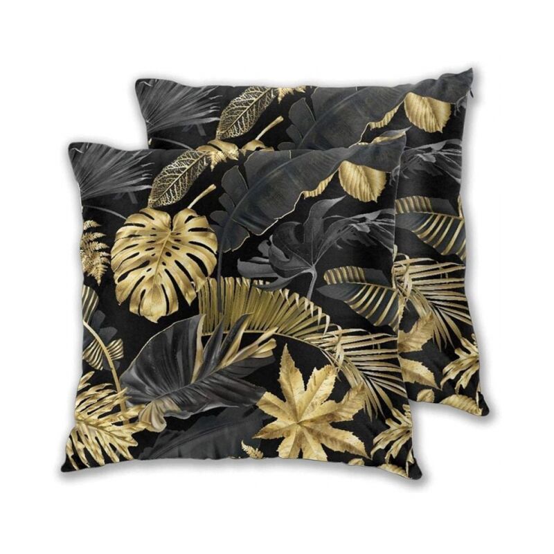 foto del prodotto cyslmuk set di 2 federe per cuscini 45x45 cm, foglie tropicali dorate e nere su sfondo scuro, federe decorative per cuscini con cerniera invisibile