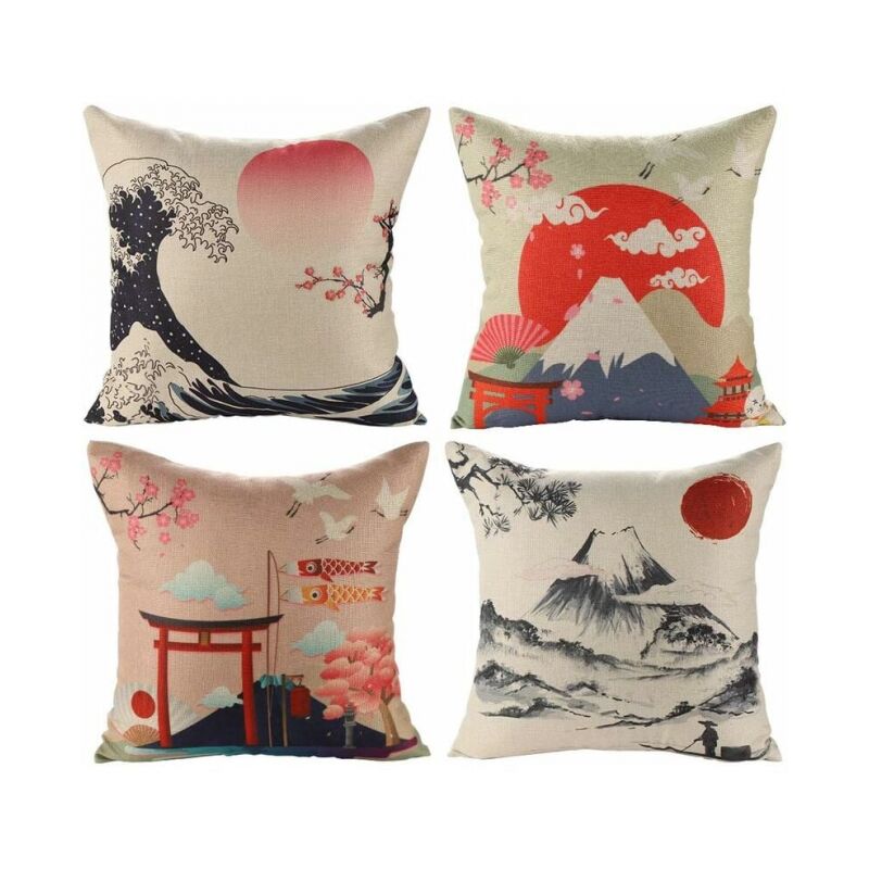 foto del prodotto cyslmuk set di 4 federe per cuscini giapponesi, 45 x 45 cm. federa per cuscino fuji ukiyo e per divano, auto, casa, letto, arredamento