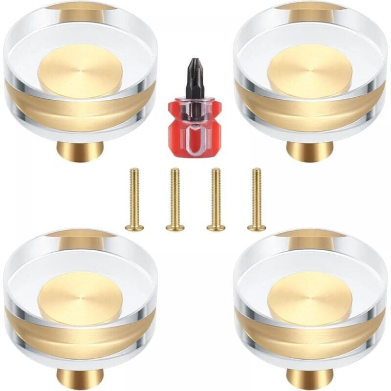 foto del prodotto cyslmuk set di 4 pomelli per porte in cristallo trasparente e ottone per armadi, cassetti, credenze e mobili 30x27 mm