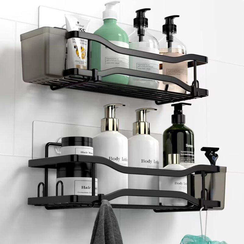 foto del prodotto cyslmuk supporto per il bagno, portaoggetti per doccia senza foratura, supporto per il bagno in acciaio inossidabile con 4 ganci, nero