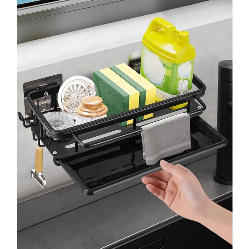 foto del prodotto cyslmuk supporto per lavello da cucina a parete, scolapiatti da cucina a parete, organizer per lavello sospeso con vaschetta di drenaggio, 2 ganci