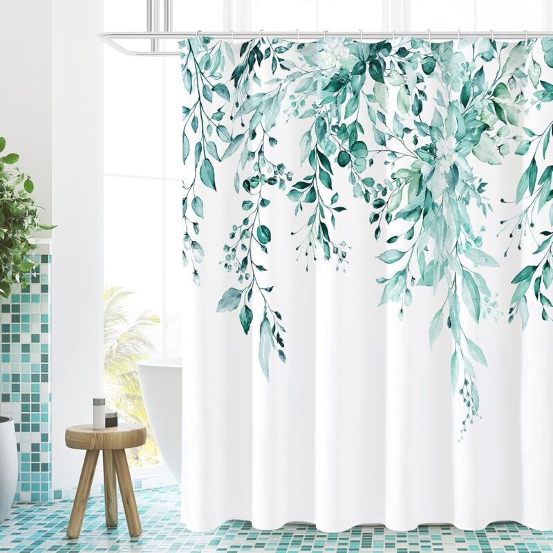 foto del prodotto cyslmuk tenda da doccia in eucalipto blu acqua, tenda da doccia per il bagno con foglie e fiori di piante acquerellate, 180 180 cm