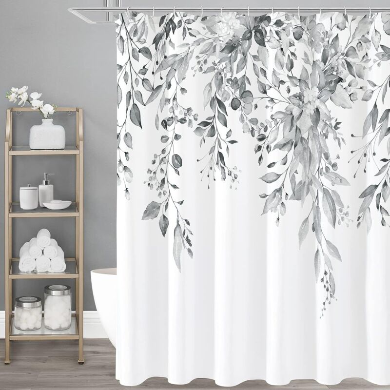 foto del prodotto cyslmuk tenda da doccia in eucalipto grigio, foglie di piante acquerello e fiori, tenda da doccia per bagno 180 180 cm