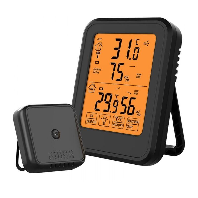 foto del prodotto cyslmuk termometro igrometro digitale nero, termometro igrometro interno ed esterno con sensore esterno wireless, retroilluminazione lcd ,