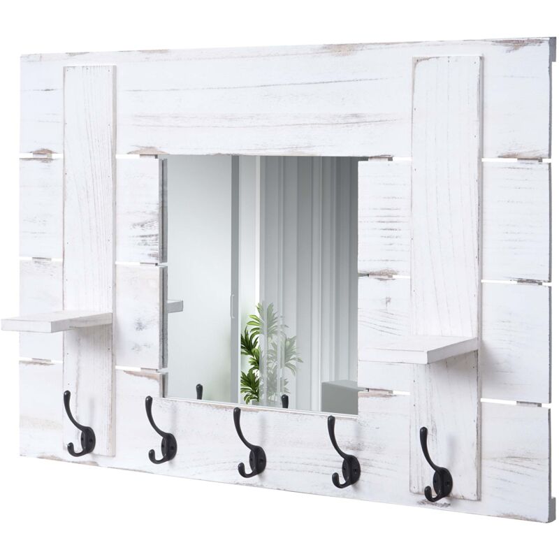 foto del prodotto décoshop26 - appendiabiti da parete pannello specchio stile vintage con 5 ganci 90x60cm in legno bianco 040000997