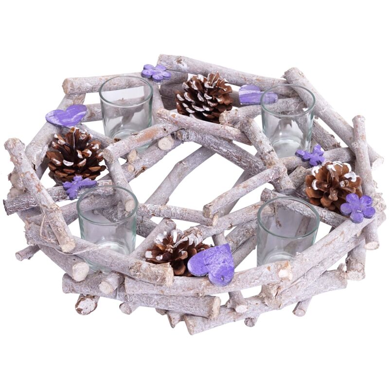 foto del prodotto d coshop26 corona dell avvento rotonda con portacandeline decorazione natalizia in legno 30 cm viola grigio 040002561