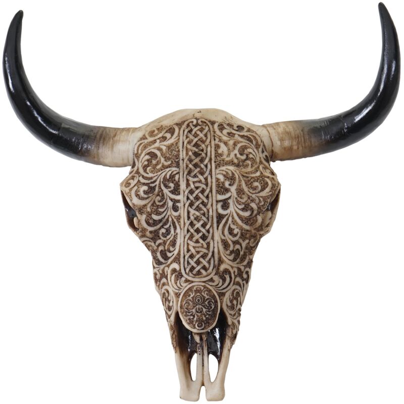 foto del prodotto d coshop26 decorazione da parete testa di toro trofeo longhorn 31 cm con tribale in poliresina interno esterno naturale 040002847