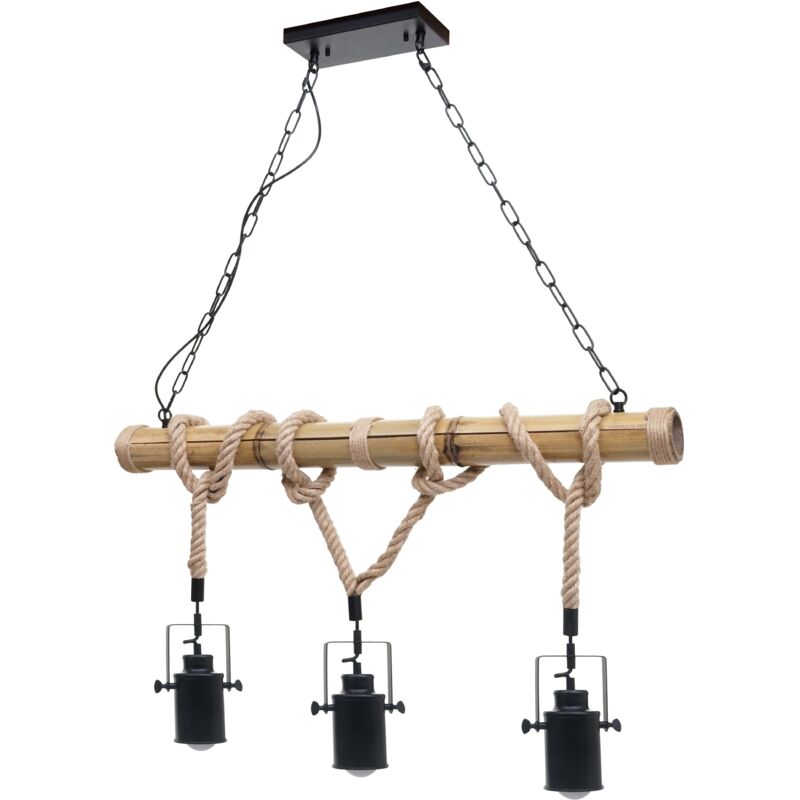 foto del prodotto d coshop26 lampada a sospensione lampadario in corda di bamb vintage industriale in metallo nero 3x paralume spot 040004047