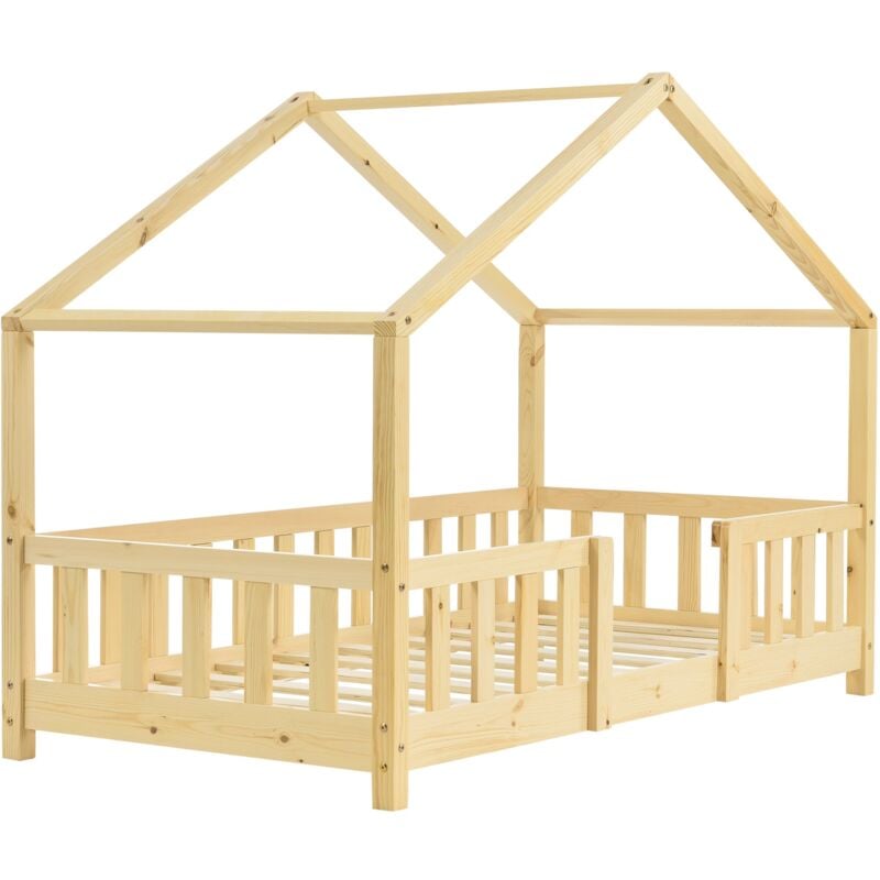 foto del prodotto d coshop26 letto cabina per bambini a forma di casetta con barriera di sicurezza in legno di pino naturale 70 x 140 cm 030005462