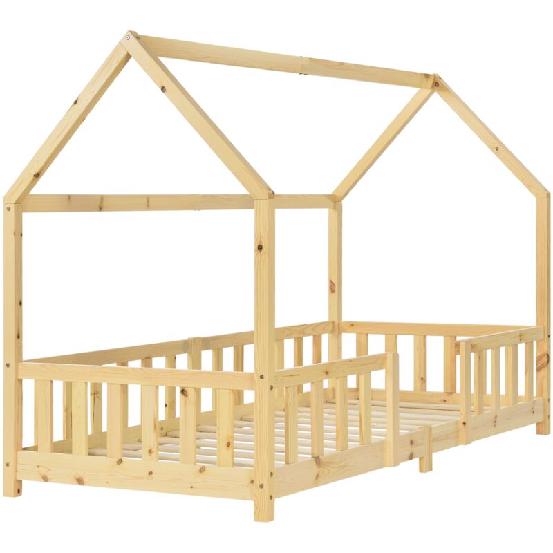 foto del prodotto décoshop26 - letto per bambini a forma di casetta con barriera protettiva in multistrato di pino 90x200 cm naturale 030005485