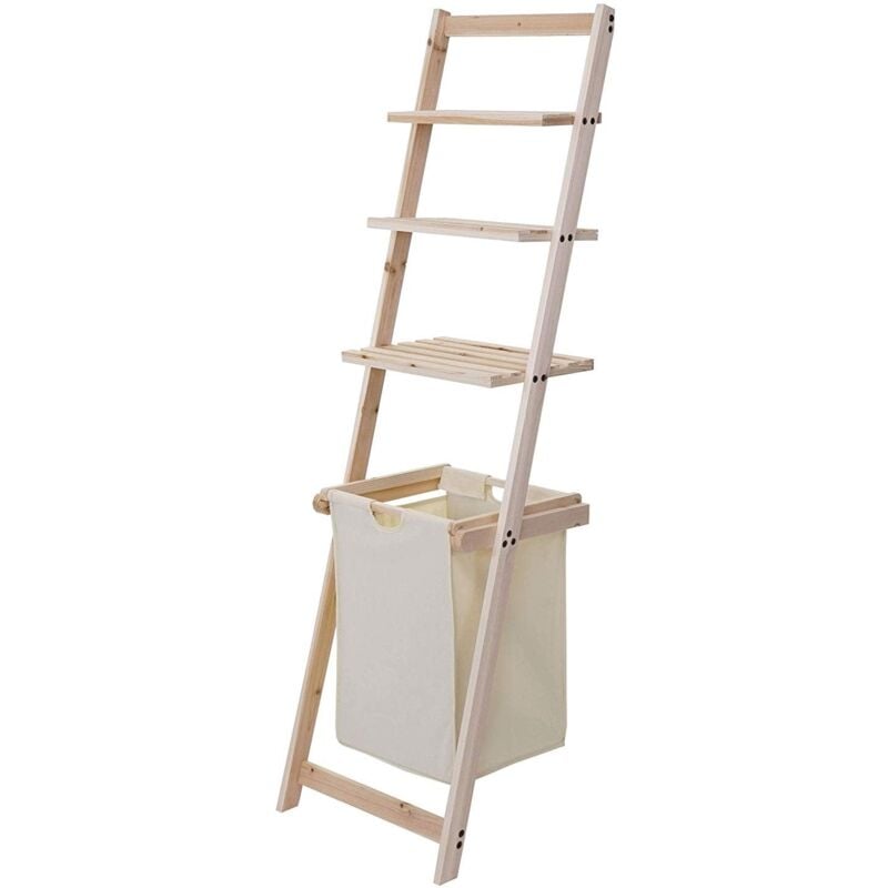 foto del prodotto d coshop26 mensola scala porta asciugamani con cesto portabiancheria in legno 152x41x35 cm sdb04034
