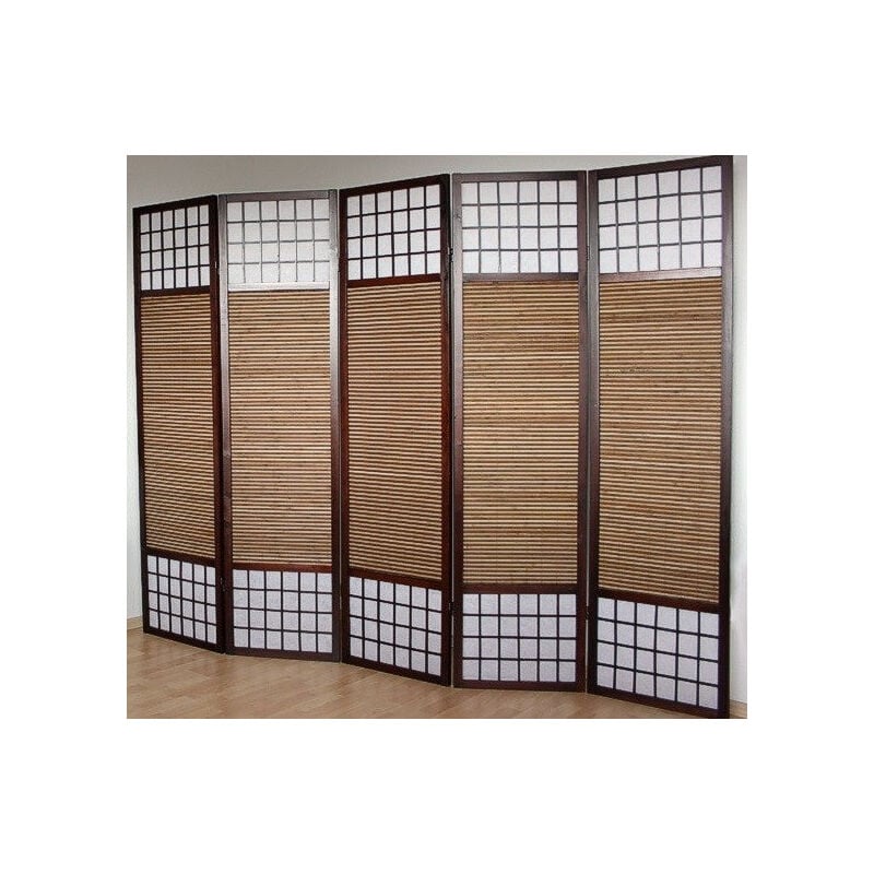 foto del prodotto d coshop26 paravento marrone a 5 ante in legno e bamb 220x175 cm par06011
