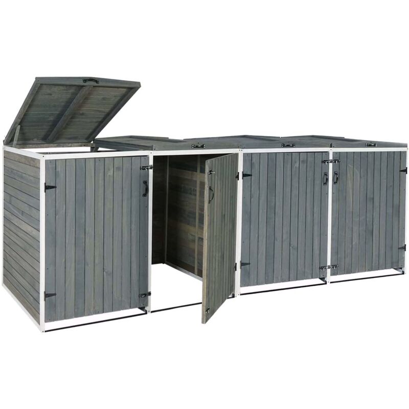 foto del prodotto décoshop26 - pattumiera da esterno che ospita contenitori spazzatura fino a 8 contenitori con coperchio 126x316x98 cm legno certificato fsc grigio-bianco 040002871