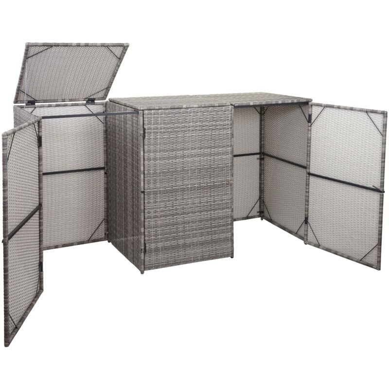 foto del prodotto d coshop26 pattumiera da esterno per riporre i contenitori della spazzatura in polyrattan fino a 3 contenitori 3x120 litri grigio 110x195x66 cm