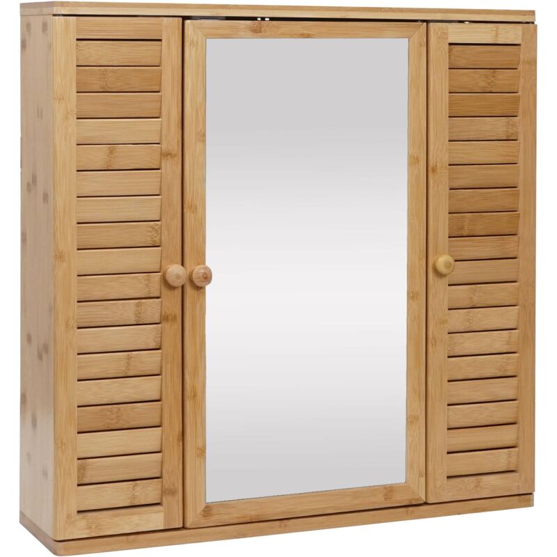 foto del prodotto d coshop26 pensile da bagno con specchio 3 ripiani 3 ante in bamb 60x60x15 cm 040005765