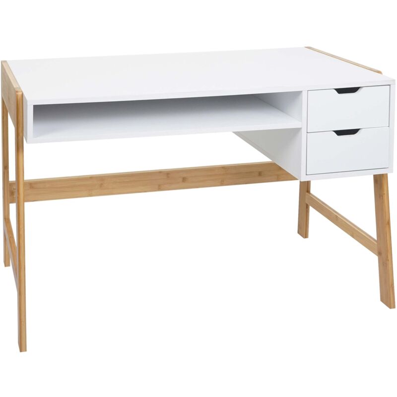 foto del prodotto d coshop26 - scrivania porta computer con due cassetti 76x115x58 cm mdf bianco e bambù 040006058