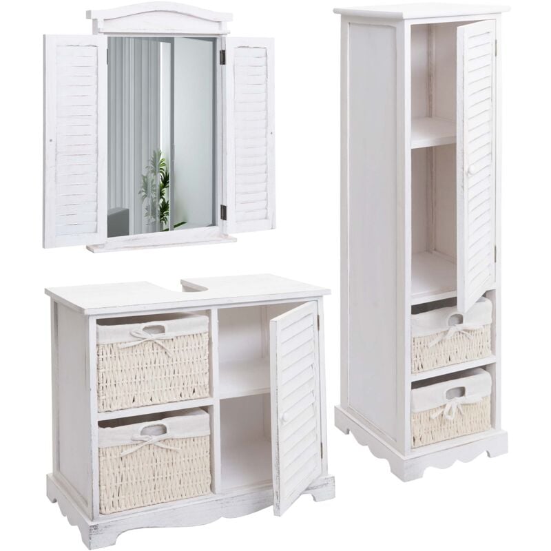 foto del prodotto d coshop26 set arredo bagno mobile lavabo specchio a muro e mobile contenitore in legno bianco invecchiato 040006703