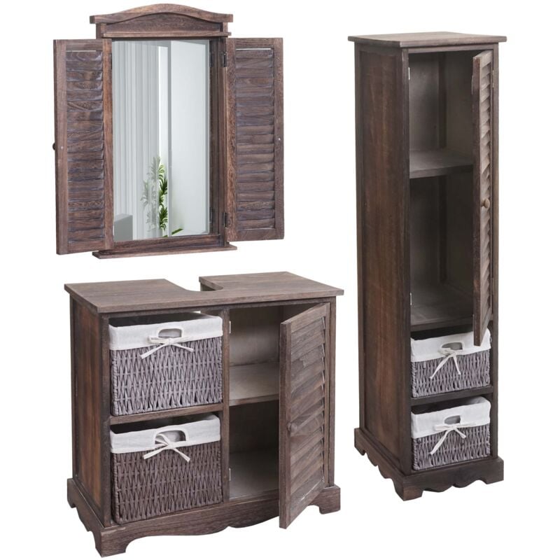 foto del prodotto d coshop26 set arredo bagno mobile lavabo specchio a muro e mobile contenitore in legno invecchiato marrone 040006704