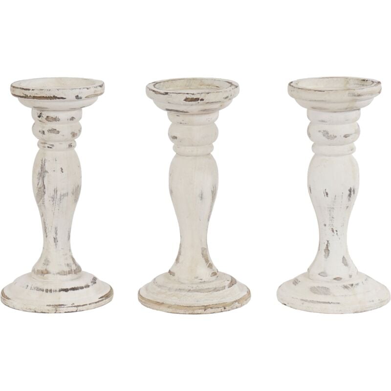 foto del prodotto d coshop26 - set di 3 candelieri portacandele stile vintage 24 cm in legno bianco invecchiato 040002990