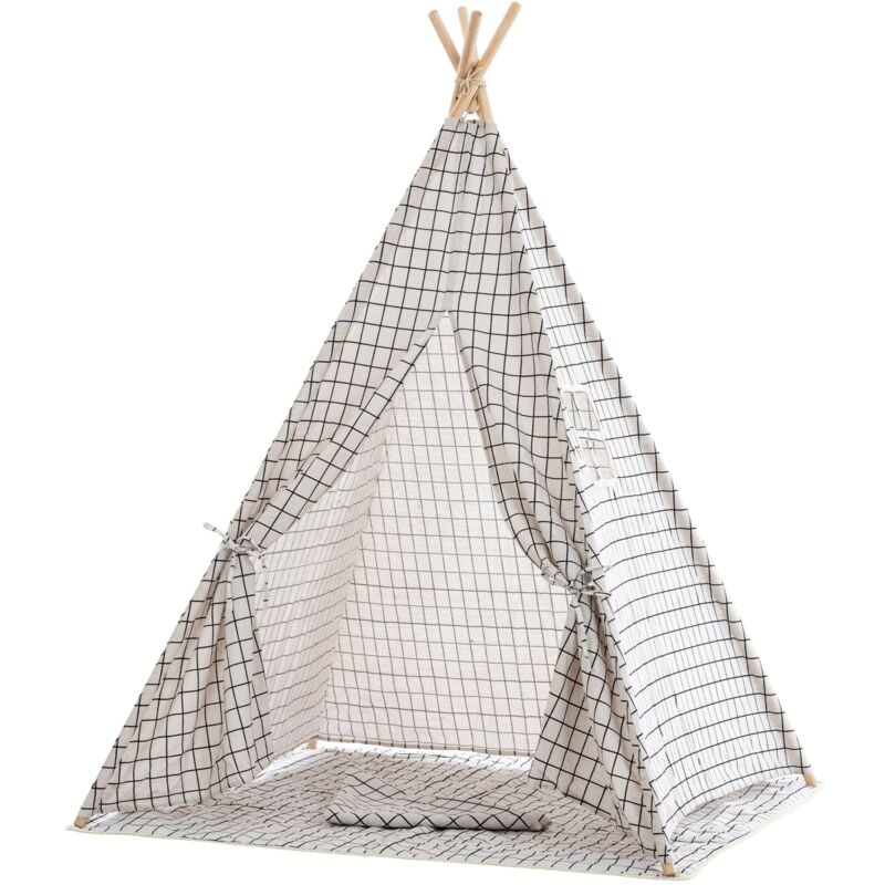 foto del prodotto d coshop26 tenda teepee per bambini con tela a scacchiera grigia e pali in legno ape10003