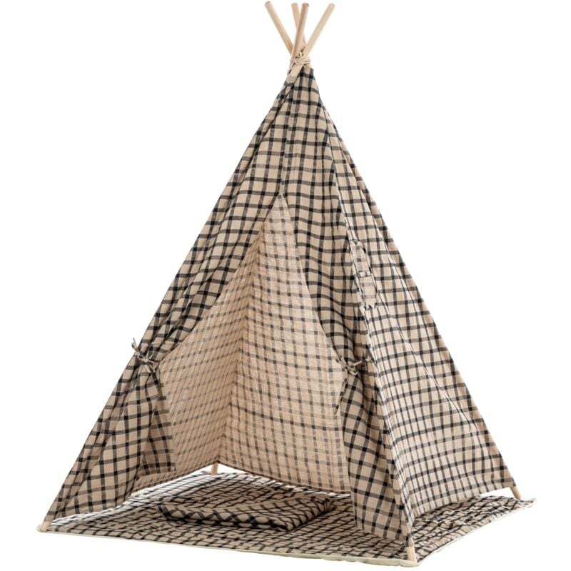 foto del prodotto d coshop26 tenda teepee per bambini con tela a scacchiera nera e pali in legno ape10004