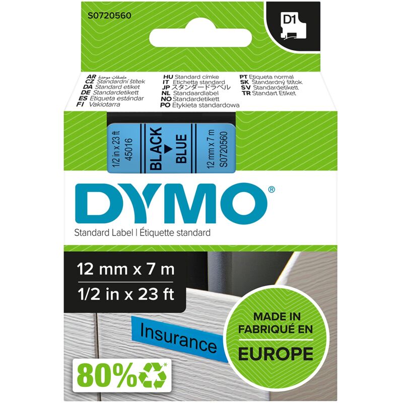 foto del prodotto d1 etichette autoadesive per stampanti labelmanager, rotolo da 12 mm x 7 m, stampa nero su blu, 1 pezzo s0720560 dymo
