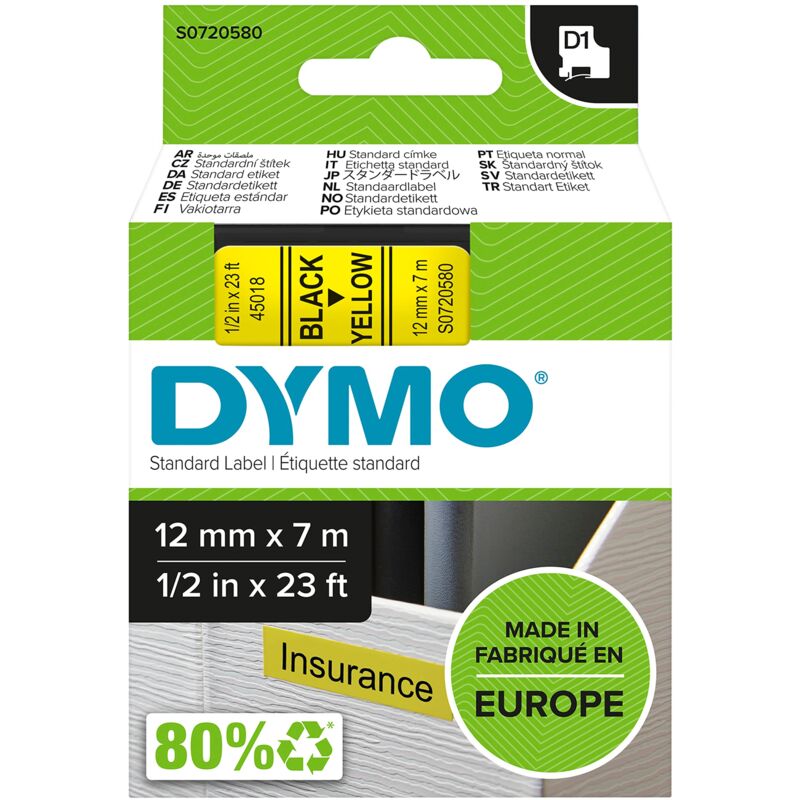 foto del prodotto d1 etichette autoadesive per stampanti labelmanager, rotolo da 12 mm x 7 m, stampa nero su giallo, 1 pezzo dymo