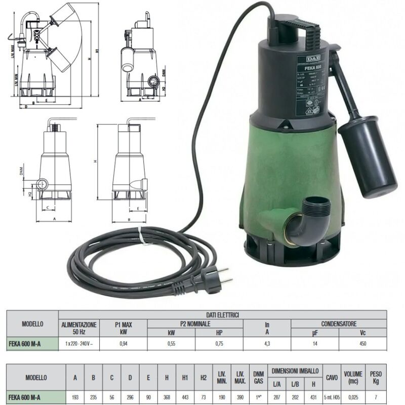 foto del prodotto dab pumps feka 600 m a 40th pompa sommergibile per drenaggio e sollevamento acque reflue 60190343h