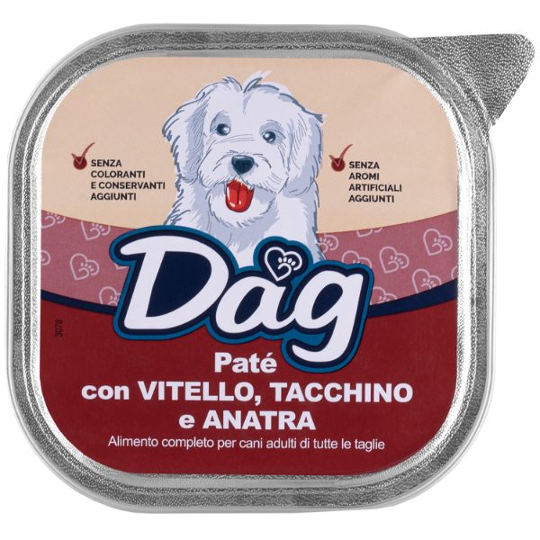 foto del prodotto dag dog all breeds pat 300 gr vitello, tacchino e anatra confezione da 6 pezzi cibo umido per cani 1 ordine scegli lo sconto bzr5 bzr20 200 punti fedelt 